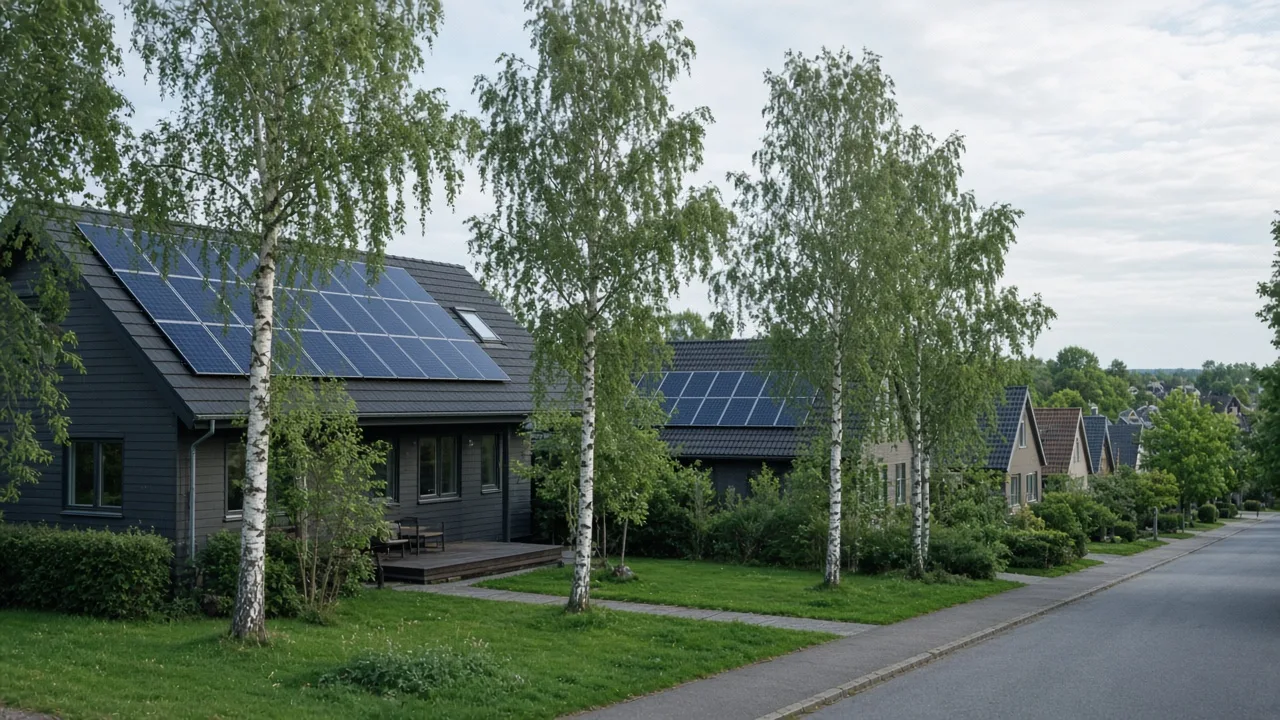 Dansk boligområde med solceller og grønne omgivelser