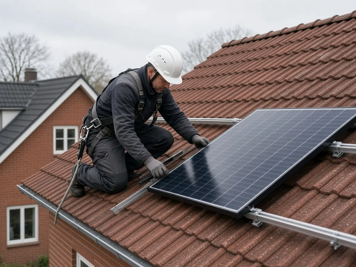 Tekniker installerer solcellepaneler på en bolig